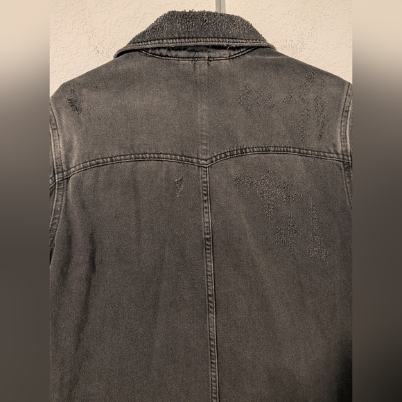Free People Grey Denim Faded Distressed Longline Button-Up Moonchild Jacket SM - Picture 9 of 10